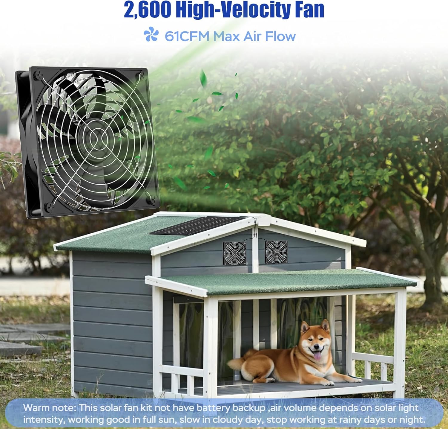 Solar fan installed on dog house with dog